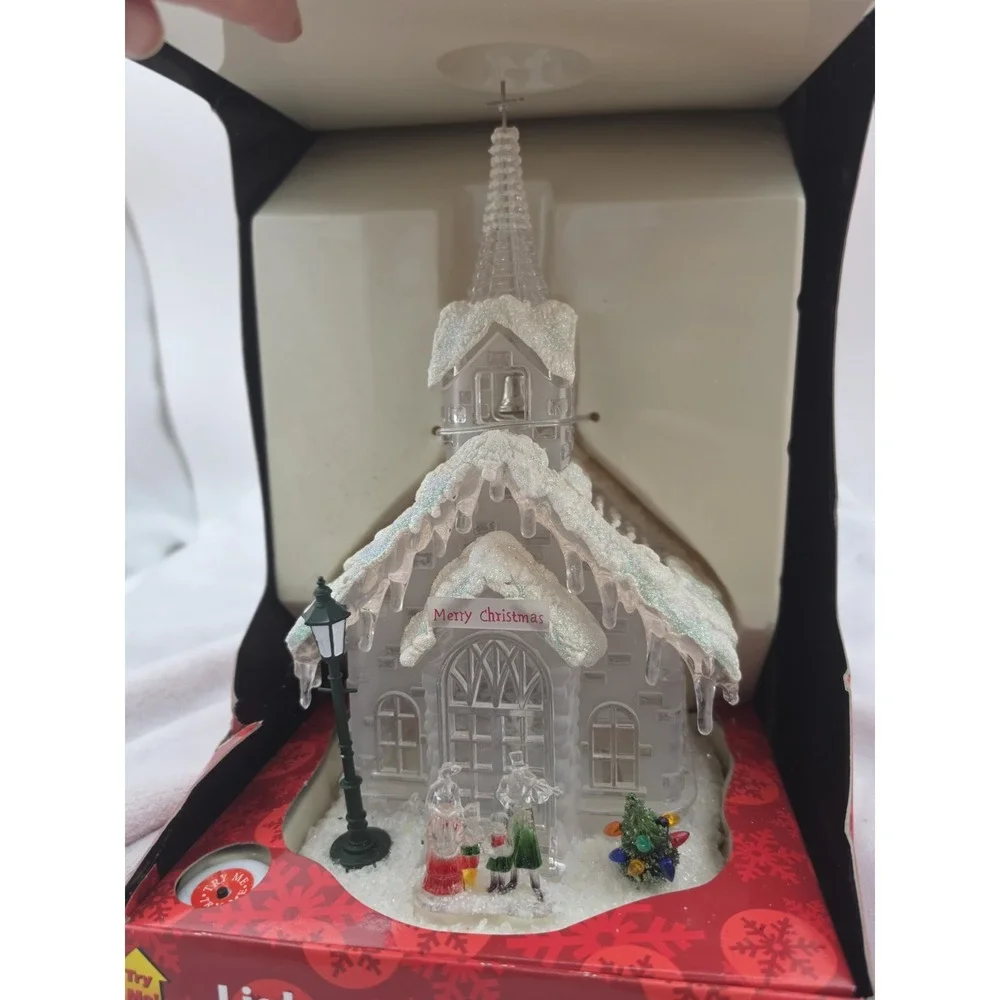 Vtg Nos Christmas Lighted Church Chapel Heavy Clear Glass Snowy Plug In 12.
